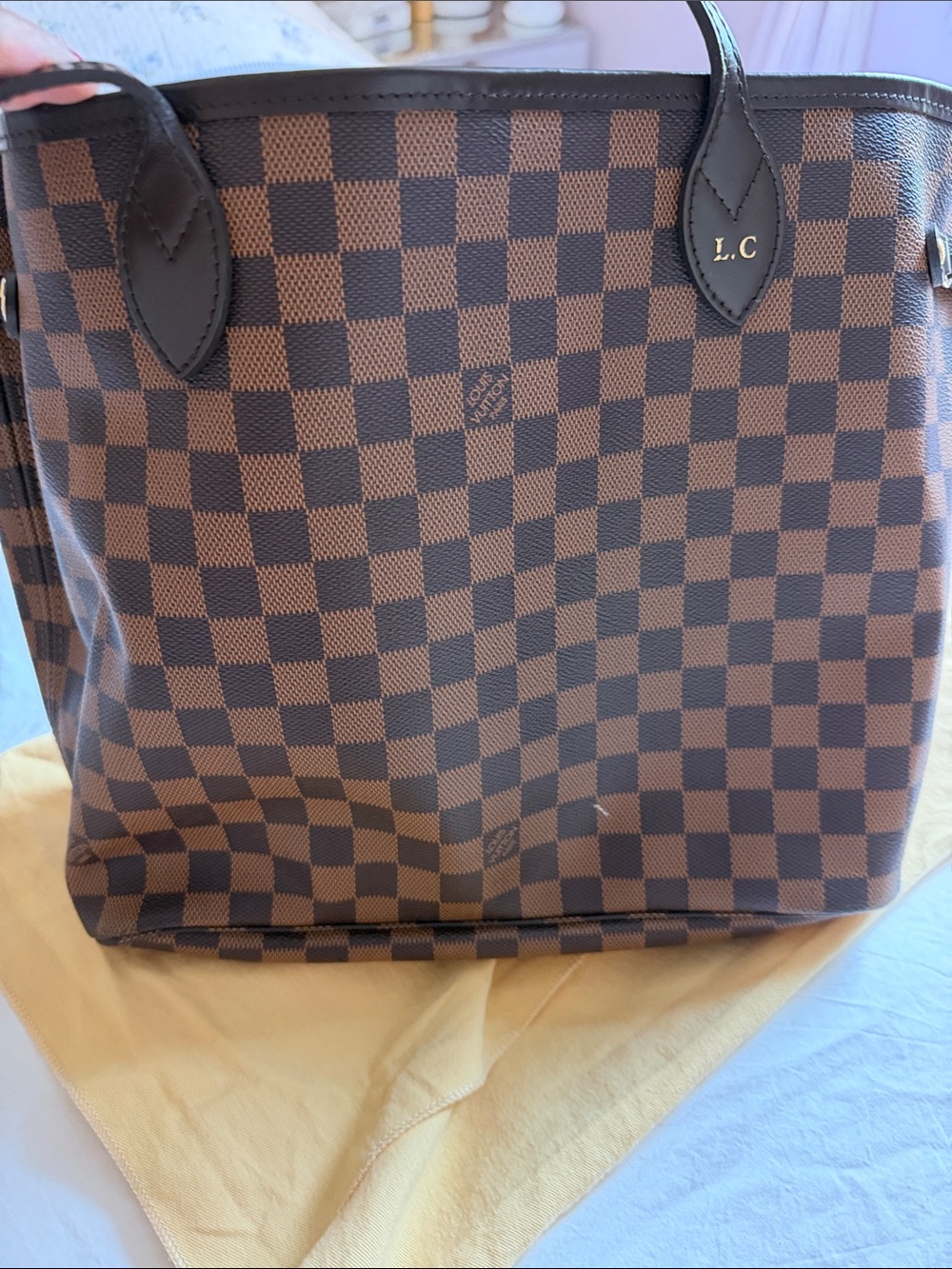Louis Vuitton Brown Checkered Tote Bag with Dark Brown Trim